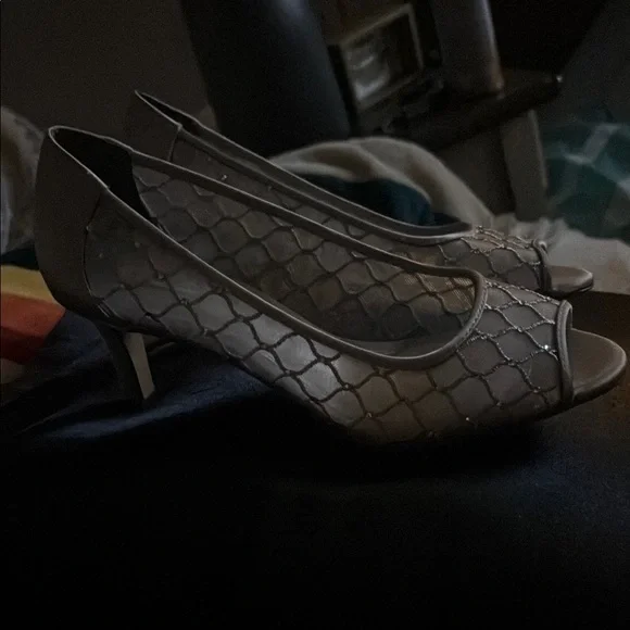 Alex Marie Silver Peep-Toe Heels with Lace Overlay - Picture 2 of 2